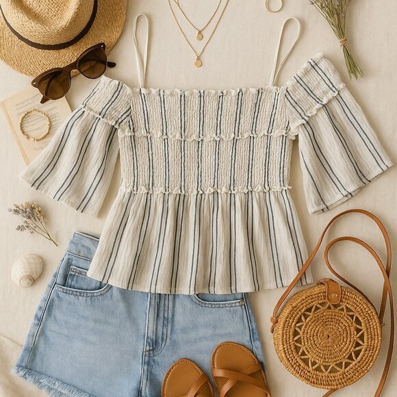 ATM Anthony Thomas Melillo Off-Shoulder Striped Smocked Top M - Picture 2 of 8